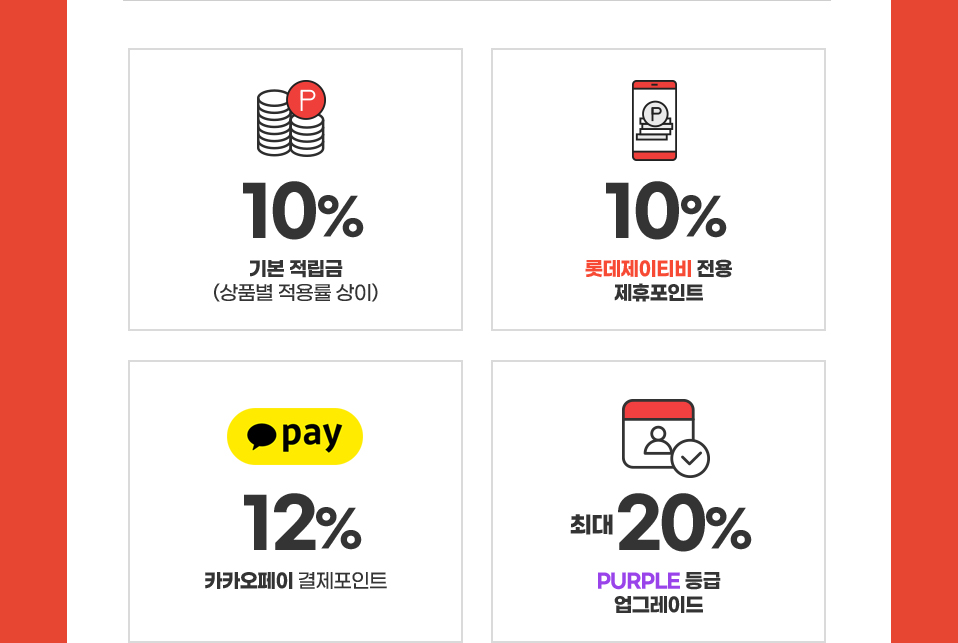 10% 기본 적립금(상품별 적용률 상이), 10% 롯데제이티비 전용 제휴포인트, 12% 카카오페이 결제포인트, 최대 20% PURPLE 등급 업그레이드